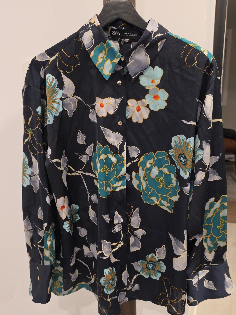 ZARA Navy Button-Down Shirt with Teal & White Floral Print